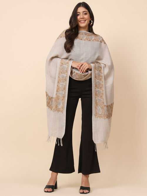 Women Light Beige Crystal Embellished Embroidered Stole (Size 71X203 CM)