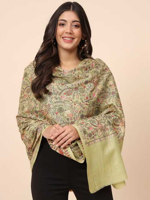 Women Green Pure Wool Embroidered Shawl (Size 101X203 CM)