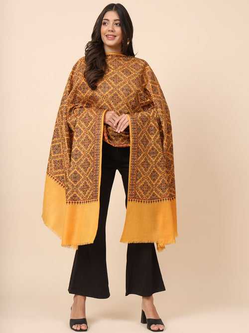 Women Mustard Pure Wool Embroidered Shawl  (Size 101X203 CM)