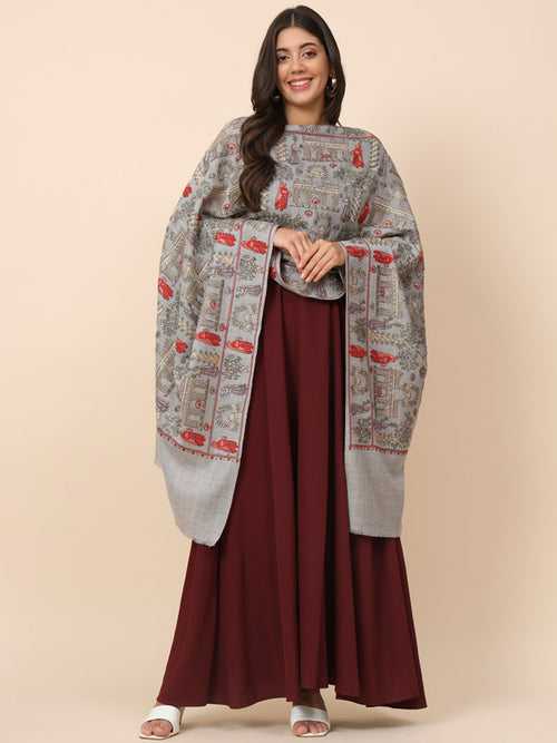 Women Light Grey Pure Wool Embroidered Stole (Size 71X203 CM)