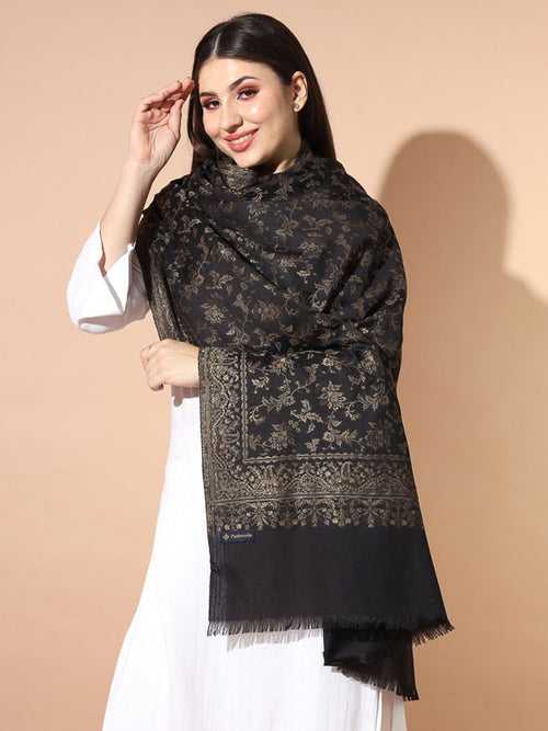 Women Black Woven Design Jamawar Shawl (Size 101X203 CM)