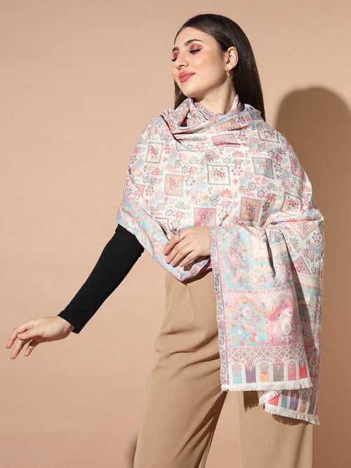 Women White Woven Design Jamawar Shawl (Size 101X203 CM)