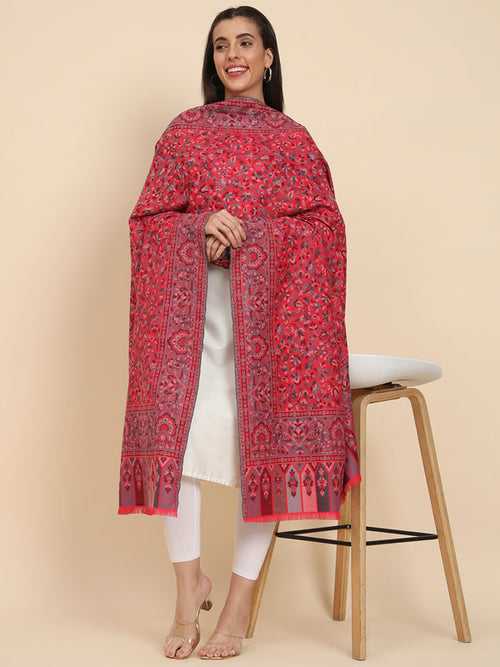 Women Dark Pink Woven Design Jamawar Shawl (Size 101X203 CM)