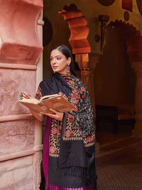 Women’s Black Aari Embroidered Shawl (Size 71X203 CM)