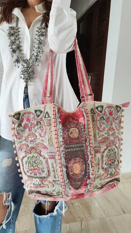 Pink Tie Dye Beadwork Banjara Handcrafted Embroidery Tote Bag