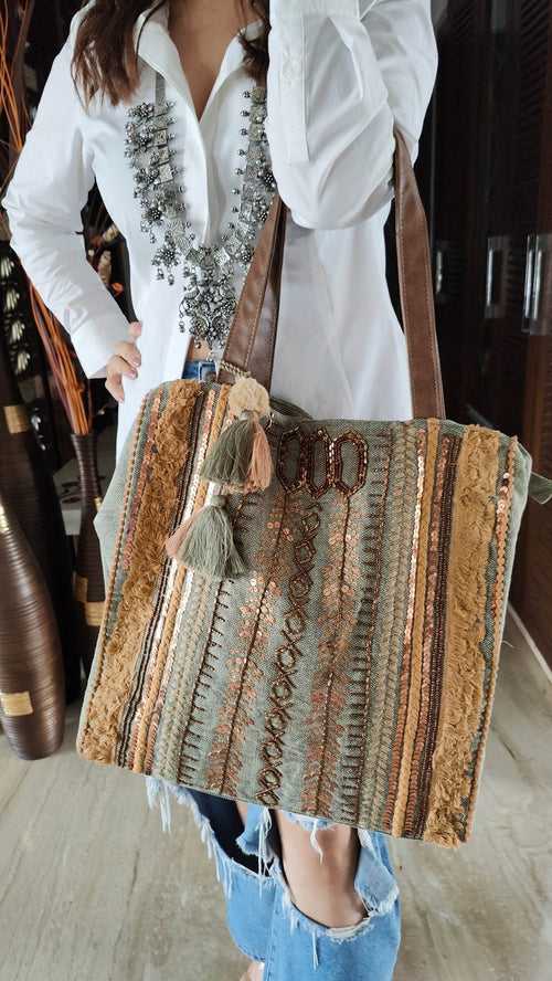 Green Brown Banjara Handcrafted Embroidery Tote Bag