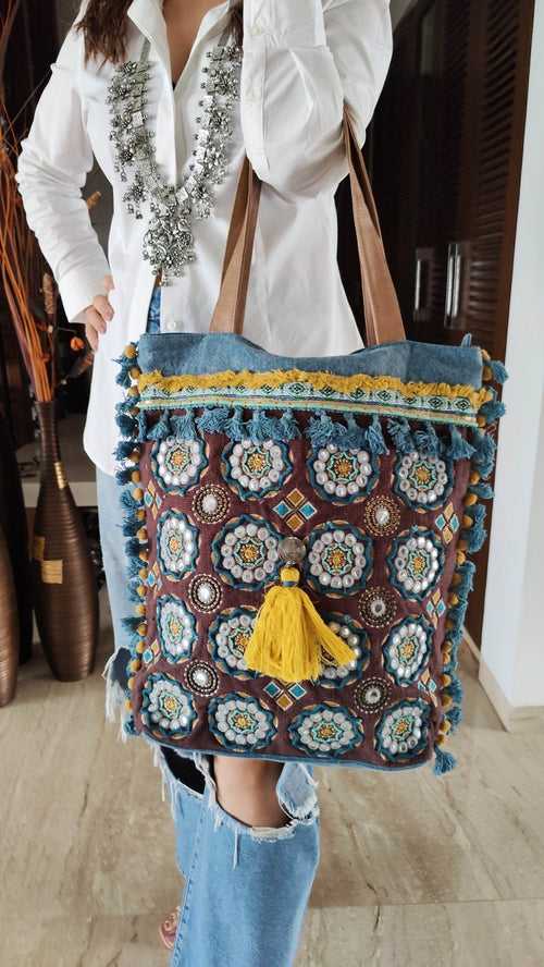 Denim Blue Brown Handcrafted Embroidery Tote Bag