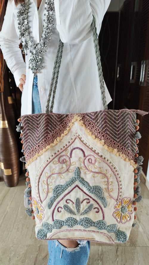 Pastel Pink Grey Banjara Handcrafted Embroidery Tote Bag