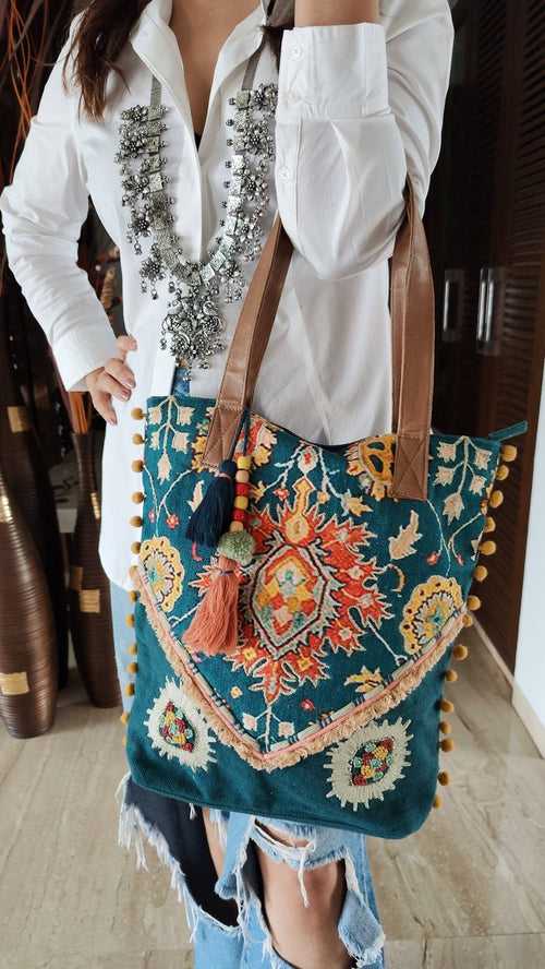 Teal Blue Pixelated Banjara Handcrafted Embroidery Tote Bag