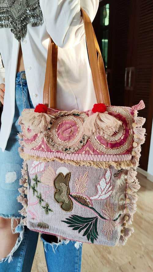 Pastel Lavender Pink Jute Velvet Banjara Handcrafted Embroidery Tote Bag