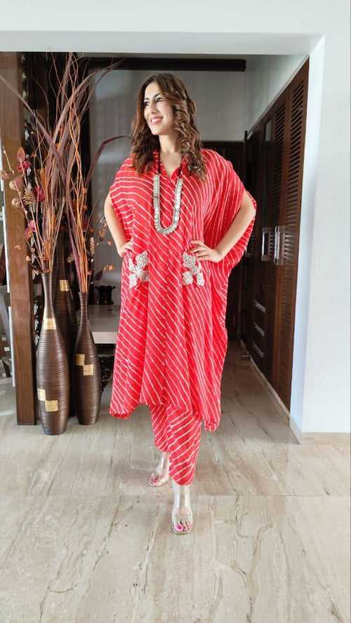 Red Leheriya Kaftan Coord Set