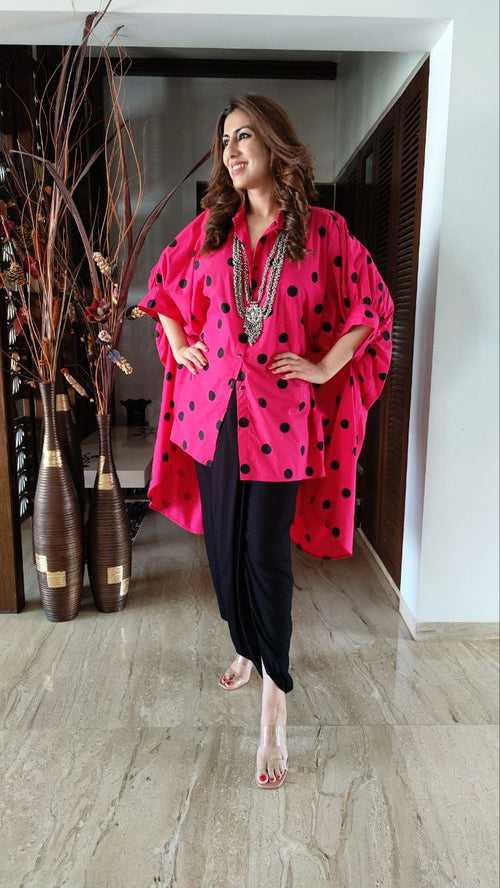 Pink Polka Dot Shirt With Black Dhoti