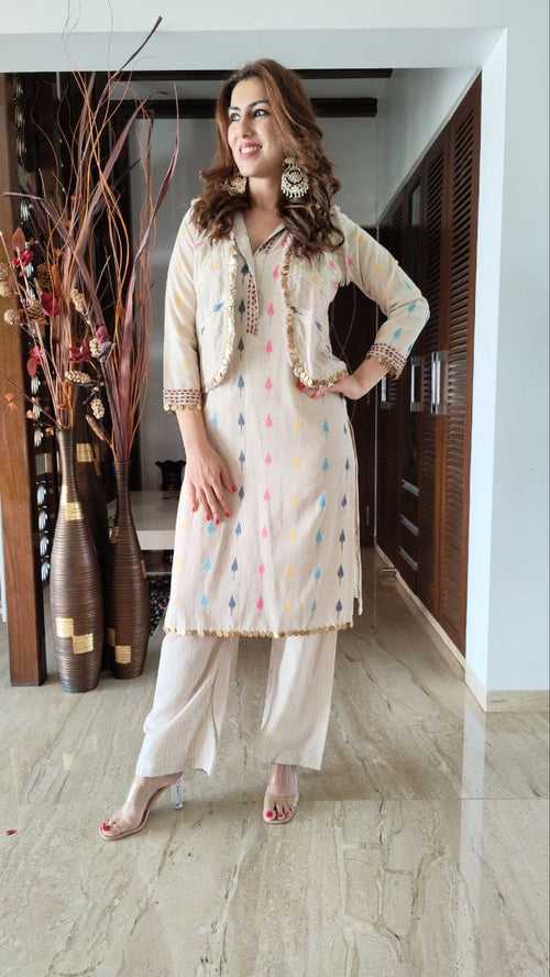 Three Piece Jacket Off White Pathani Set