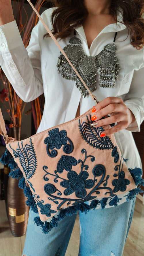 Sling Velvet Peach Blue Banjara Handcrafted Embroidery Bag