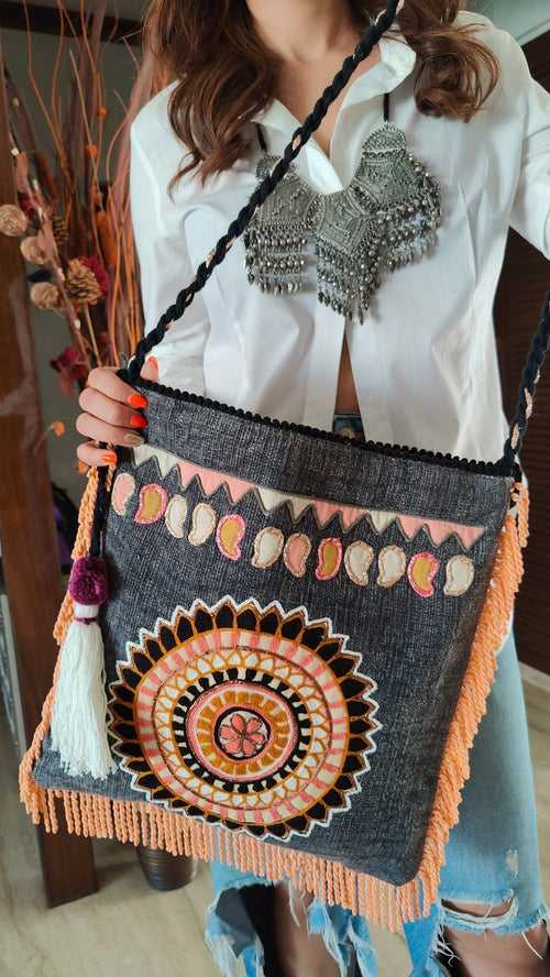 Sun Grey Jute Banjara Handcrafted Embroidery Tote Bag