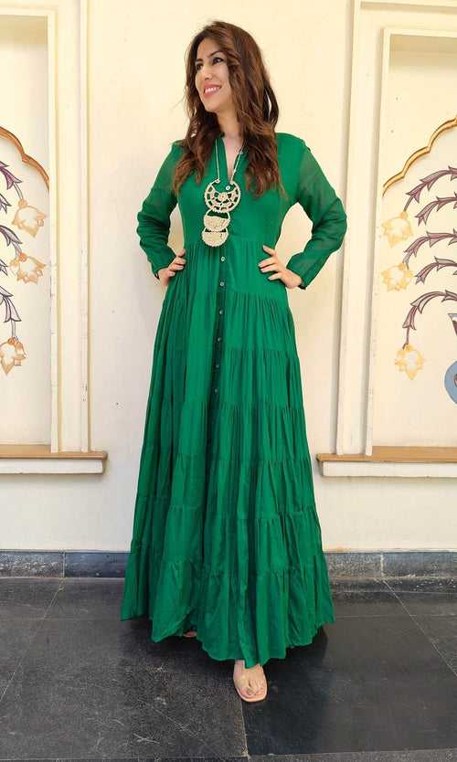 Green Ghera Dress With Neckpiece