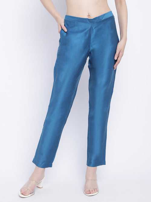 Blue Cotton Silk Side Zip Pant