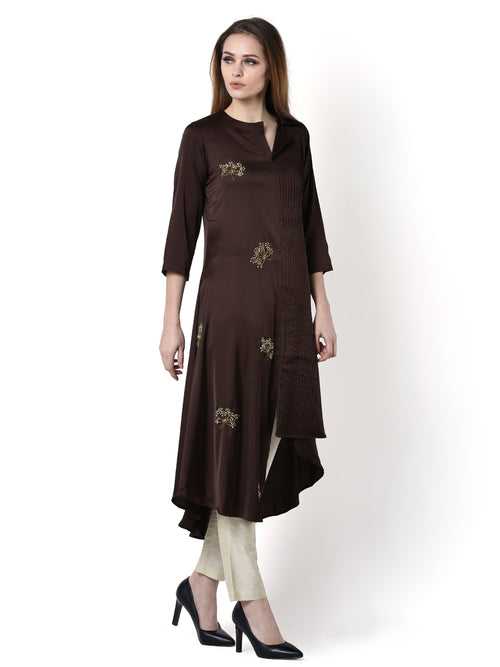 Solid Brown Beaded Half Pleated Dress