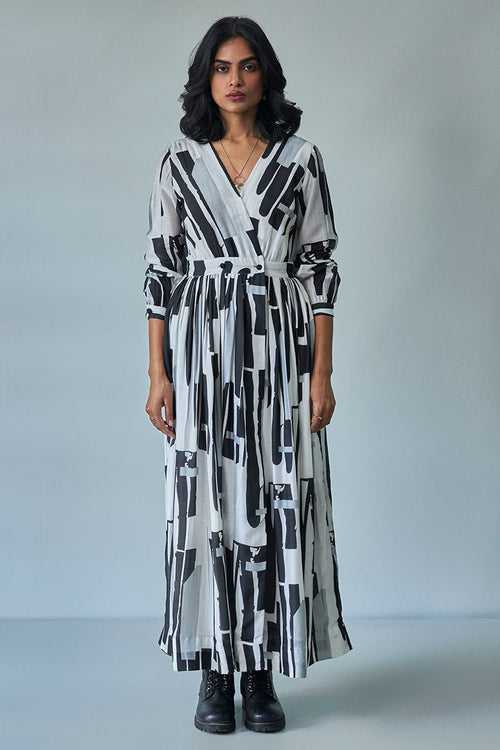 Black and White Wrap-around Bemberg Silk Dress