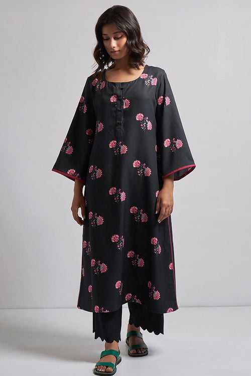 Black and Magenta Chintz Printed Pashmina Kurta Set