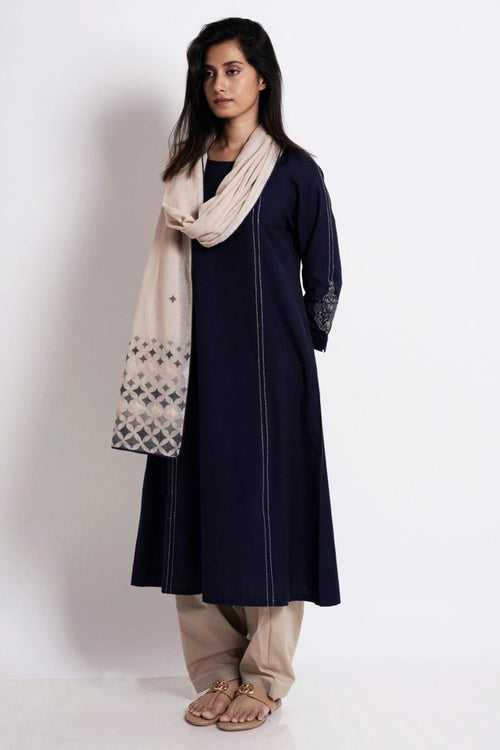 Navy Blue Embroidered Cotton Kurta With Woven Cotton Dupatta