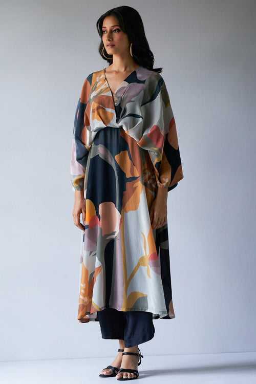 Black, Grey and Brown Mix Colour Crepe Silk Printed Co-ord Set