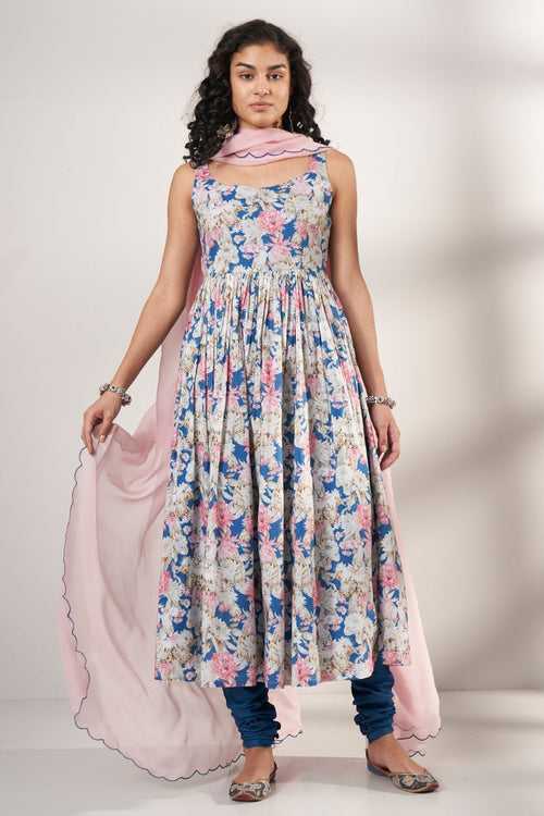 Blue Premium Cotton Printed Kurta With Light Rose Pink Organza Dupatta