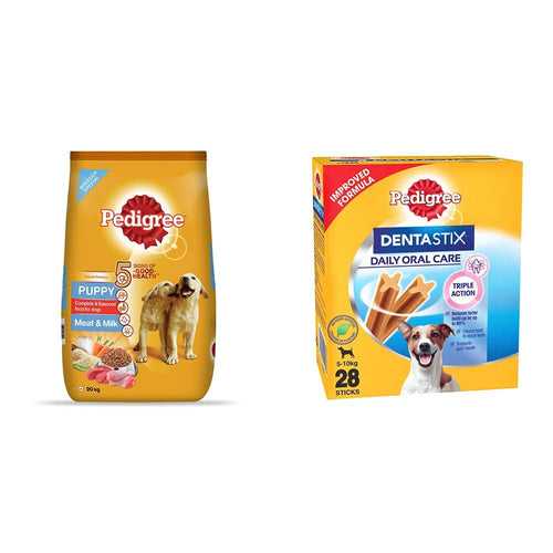 Pedigree Puppy Dry Dog Food, Meat & Milk, 20kg Pack & Dentastix Small Breed (5-10 kg) Oral Care Dog Treat, 440g Monthly Pack (28 Chew Sticks)