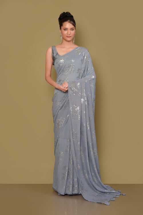 Designer Grey Georgette Saree