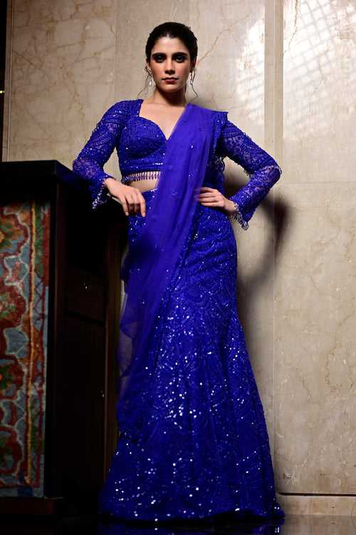 Net Embroidered Lehenga In Navy Blue  Color