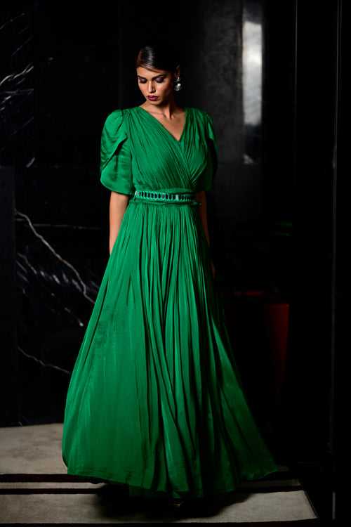 Green Color Silk Blend Gown