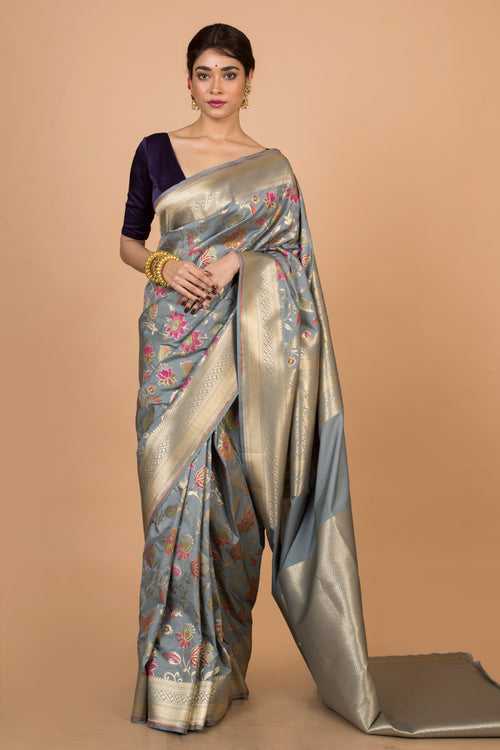 Buy Party Wear Designer Saree In Grey Color At Online Simaaya