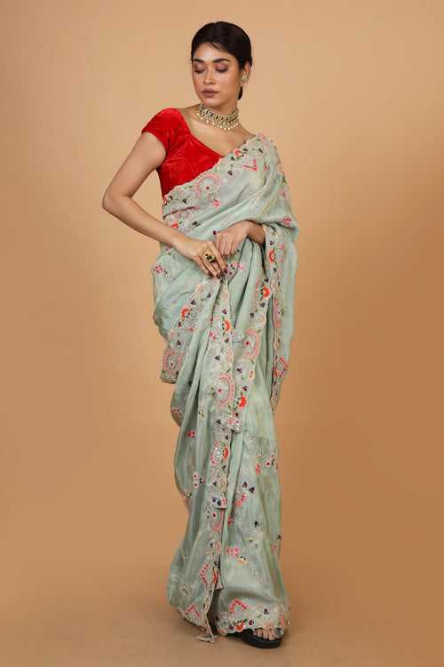 Buy Party Wear Designer Saree In Smoke Grey Color At Online Simaaya