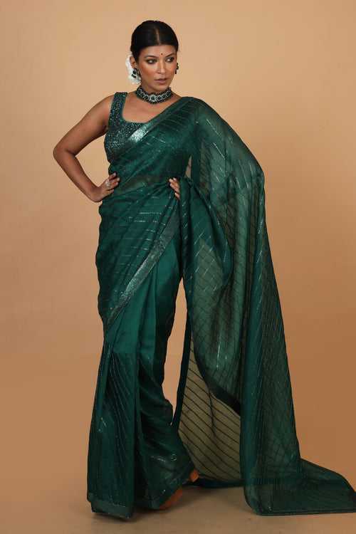 Buy Womens Wear Saree In Dark Green Color At Online Simaaya