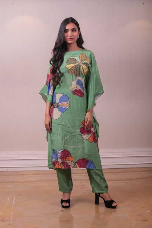 Designer Sap Green Crepe Kaftan Pant Set