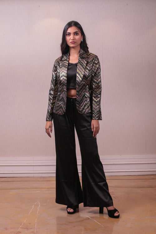 Designer Metallic Black Party Wear Trousers Crop Top with Blazer