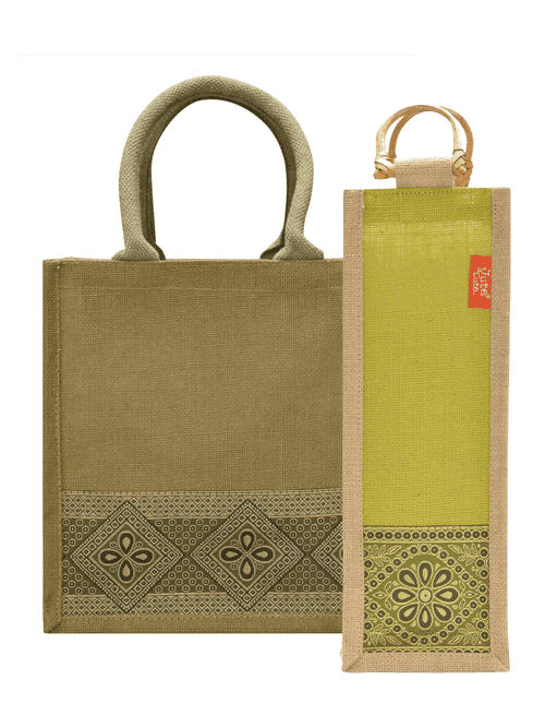 Combo of 11X10 LACE ZIPPER LUNCH (B-254-OLIVE GREEN) and BOTTLE BAG WITH LACE / PRINT (B-010-OLIVE GREEN)