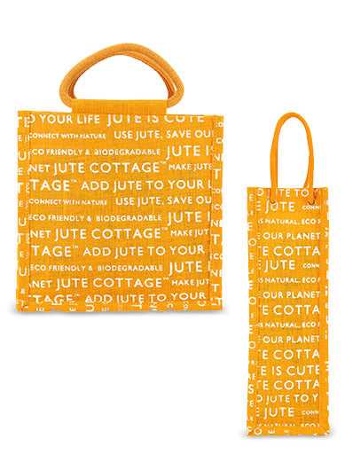 Combo of 10 X 10 JUTE COTTAGE PRINT LUNCH BAG (B-053-YELLOW) and BOTTLE BAG JUTE COTTAGE PRINTED (B-062-YELLOW)