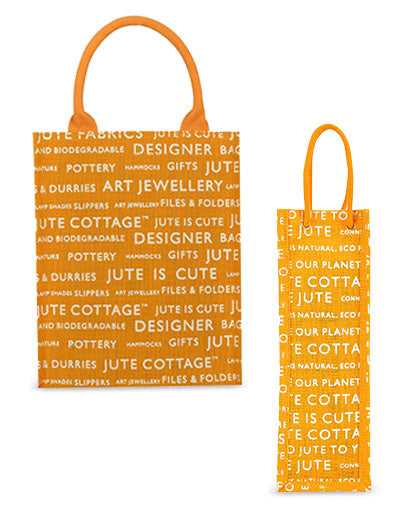 Combo of 13 X 11 JUTE COTTAGE PRINTED ZIPPER (B-038-YELLOW) and BOTTLE BAG JUTE COTTAGE PRINTED (B-062-YELLOW)