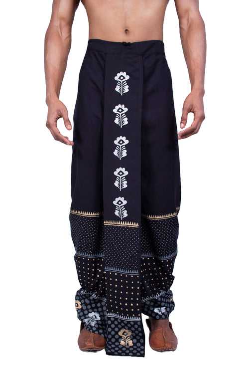 Nakshi Rayon 12268 Black 100% Hand Block Print Dhoti For Men