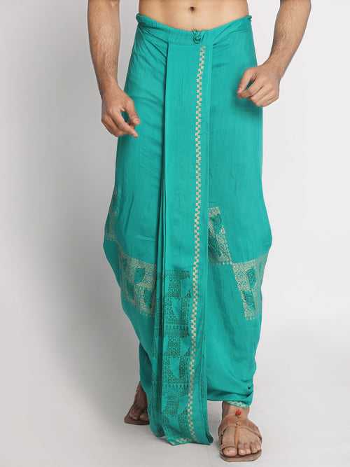 Nakshi Teal Blue Rayon Ethnic Pattern Hand Block Print Dhoti