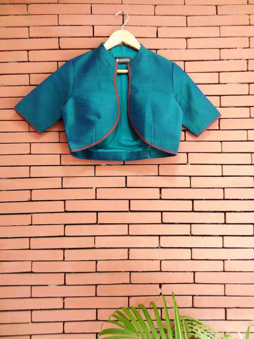 Nakshi Teal Colour Hand Embroided Dupion Silk Women's Bolero Jacket With Lining Details