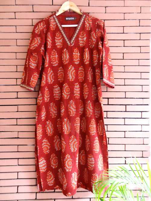 Nakshi Maroon Ajrakh Print Cotton Kurti With Zari Embroidery