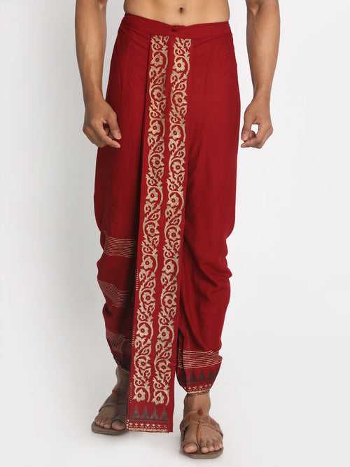 Nakshi Maroon Rayon Ethnic Pattern Hand-Block Print Dhoti