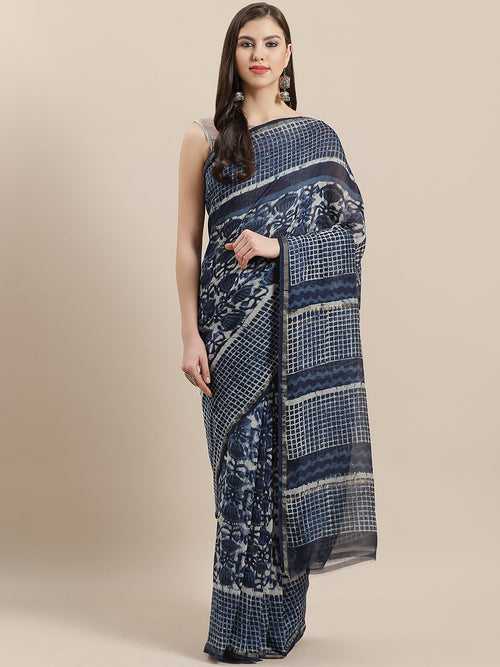 Nakshi Navy Blue & White Hand Block Printed Chanderi Saree