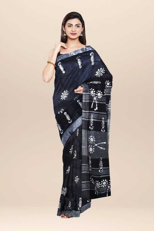 Nakshi Black Cotton Batik Printed Saree