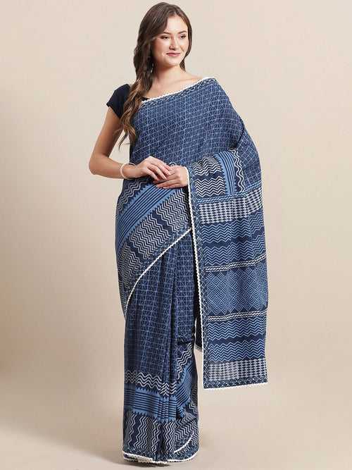 Nakshi Navy Blue Handblock Printed Cotton Saree