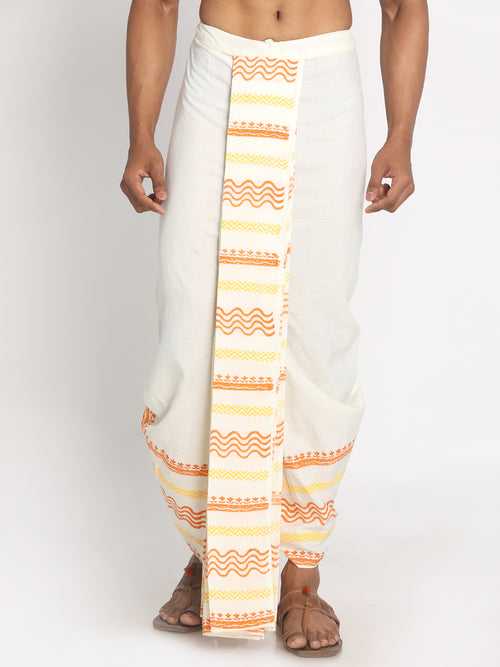 Nakshi Cream Rayon Blend Ethnic Pattern Hand-Block Print Dhoti