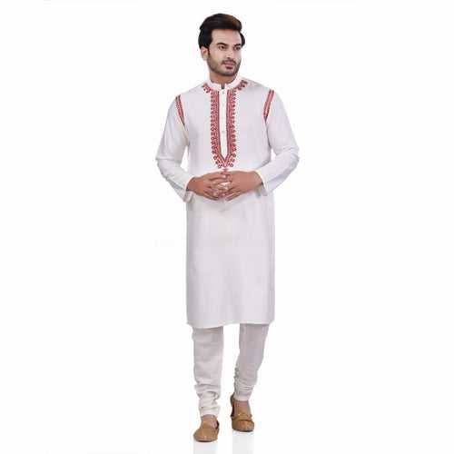 Nakshi White Tussar Viscose Thread Embroidery Men's Long Kurta