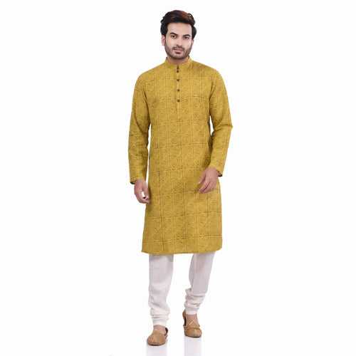 Nakshi Lime Green Cotton Linen Hand Block Print Men's Long Kurta